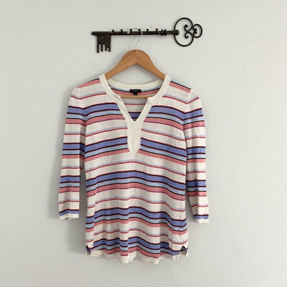 Talbots striped linen blend 3/4 length sleeve v-neck lightweight sweater petite